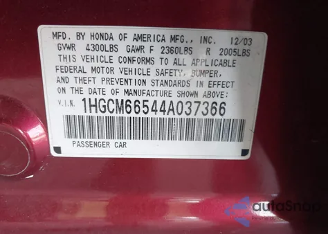 2004 Honda Accord 3.0 Ex из США, поврежденный, VIN 1HGCM66544A037366